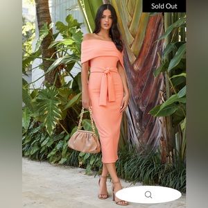 VICI TOP SECRET RIBBED OFF THE SHOULDER DRESS - TANGERINE